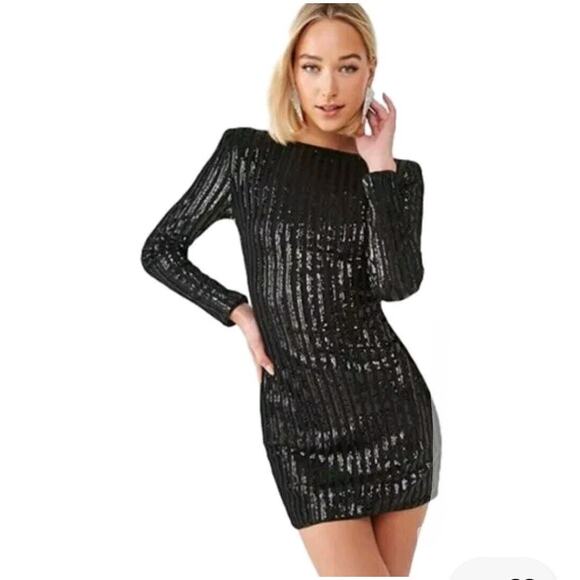 Forever 21 Black Sequin Bodycon Mini Dress Sz S SPARKLE Party Holiday New Years - Picture 1 of 16